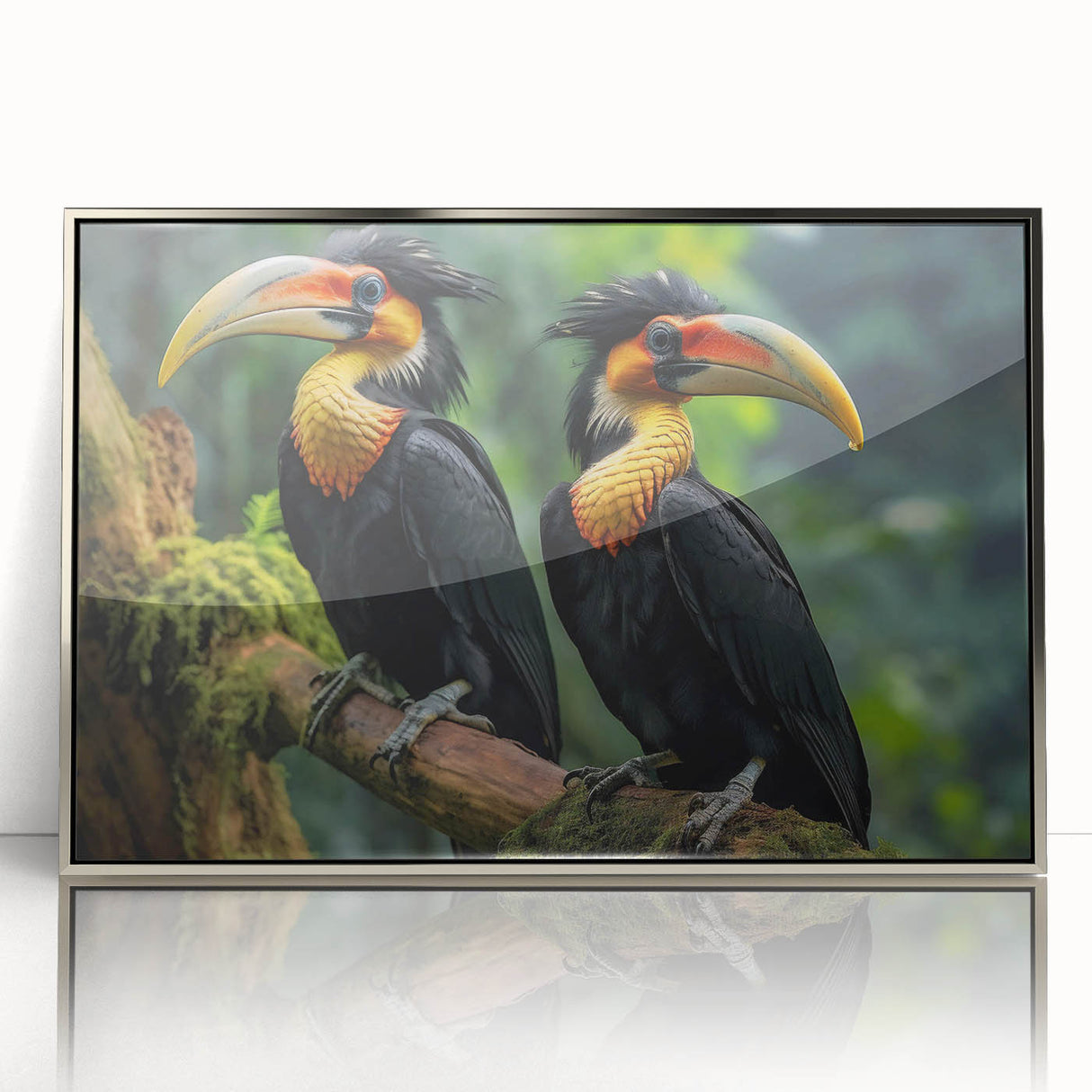 Framed wall art featuring a vibrant tropical birds design, showcasing a colorful array of exotic birds against a sleek silver-acrylic backdrop, ideal for enhancing modern decor.