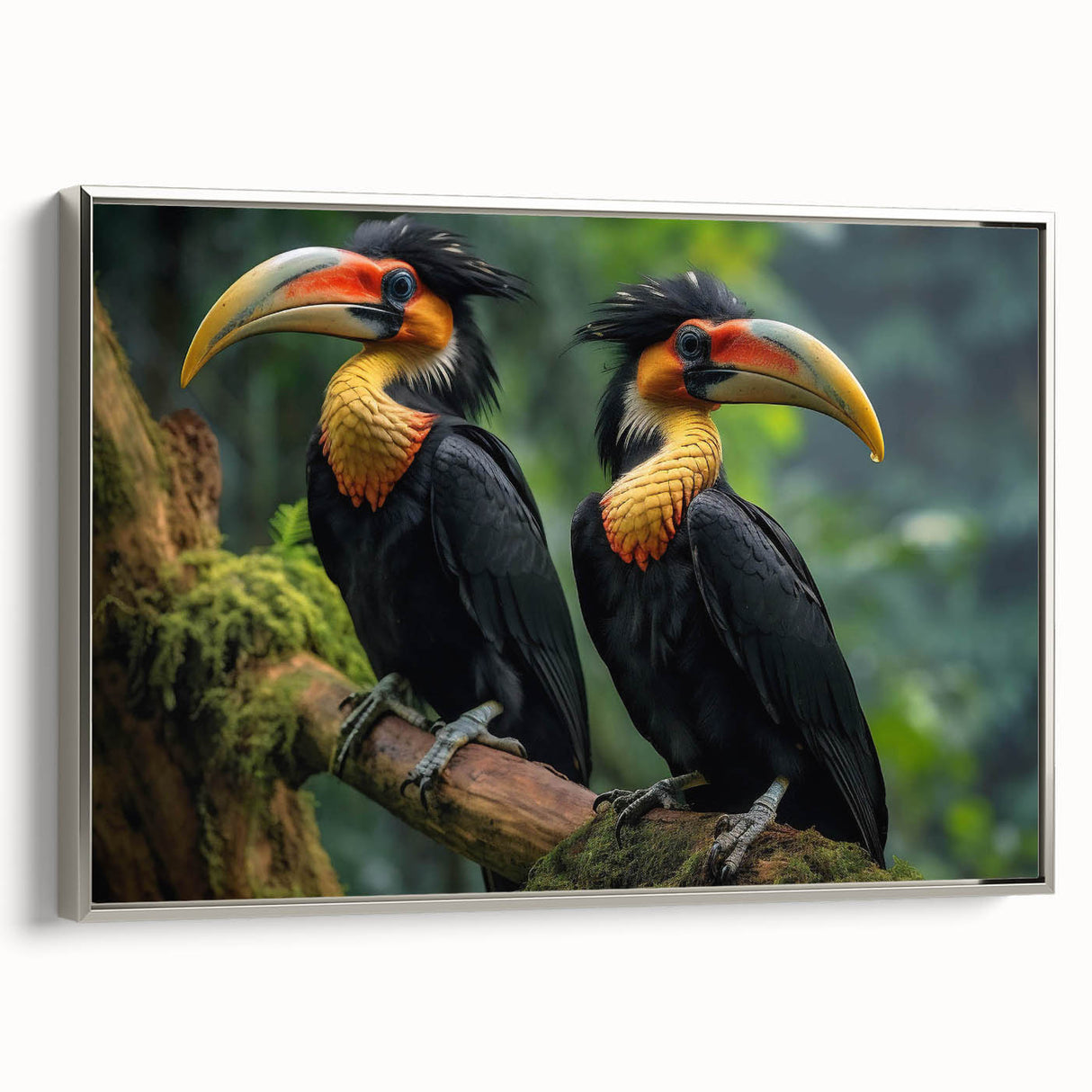 Framed canvas wall art showcasing a vibrant tropical bird design, featuring a silver frame that accentuates the colorful artwork, ideal for enhancing interior decor.