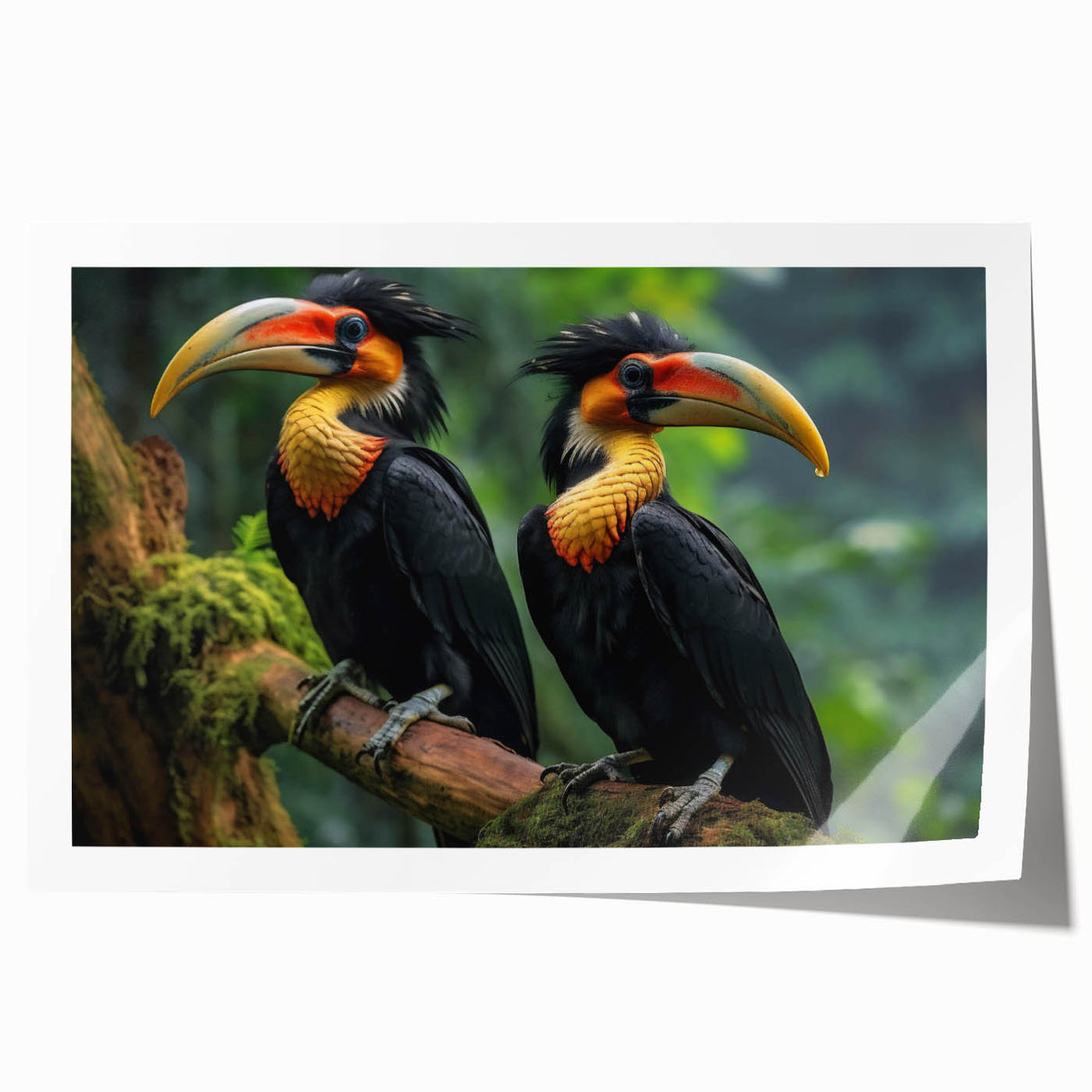 Vibrant tropical bird wall art print showcasing colorful parrots and exotic foliage, ideal for enhancing home decor or office spaces. Rolled for safe shipping.