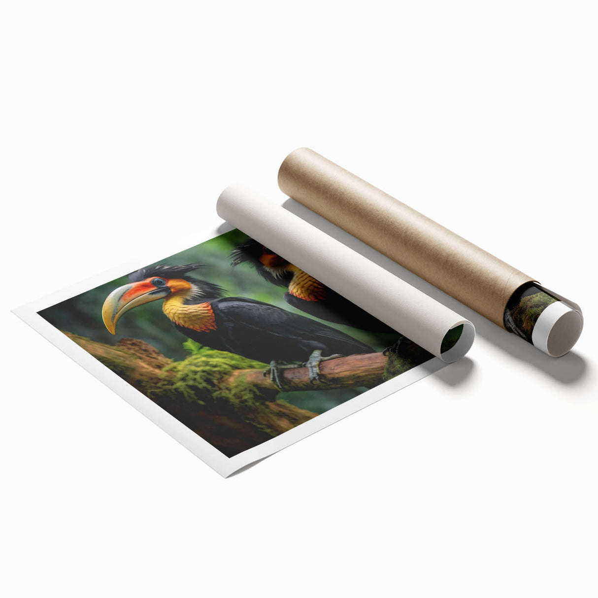 Tropical bird wall art print showcasing vibrant colors and intricate designs, rolled and ready for framing, perfect for enhancing home decor with a lively touch.