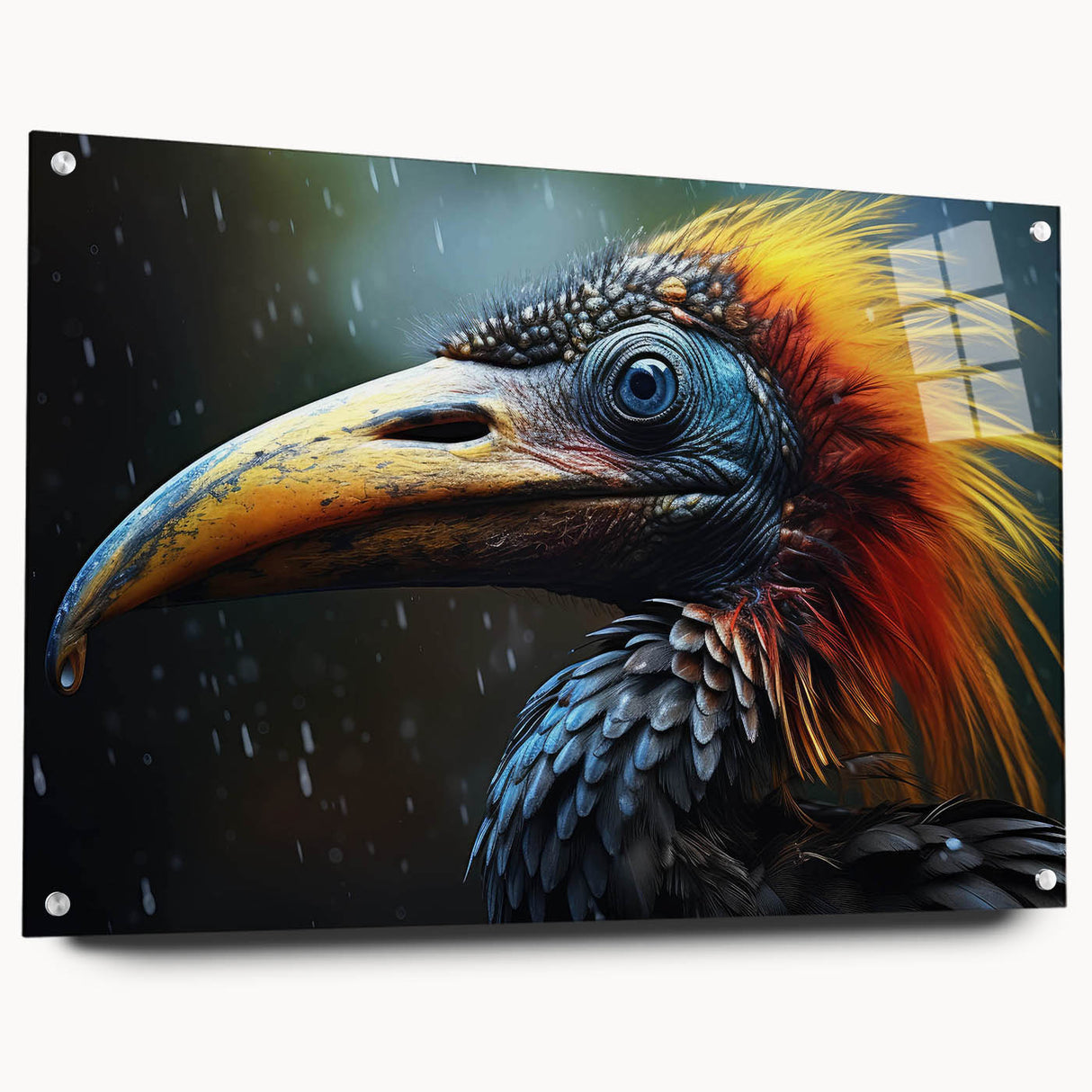 Acrylic glass wall art showcasing a vibrant tropical bird design, displayed from the side with mounting pins, perfect for adding a colorful touch to home decor.