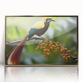 Framed wall art featuring a vibrant tropical bird design with gold accents, showcasing a colorful and lively aesthetic perfect for home decor enhancement.