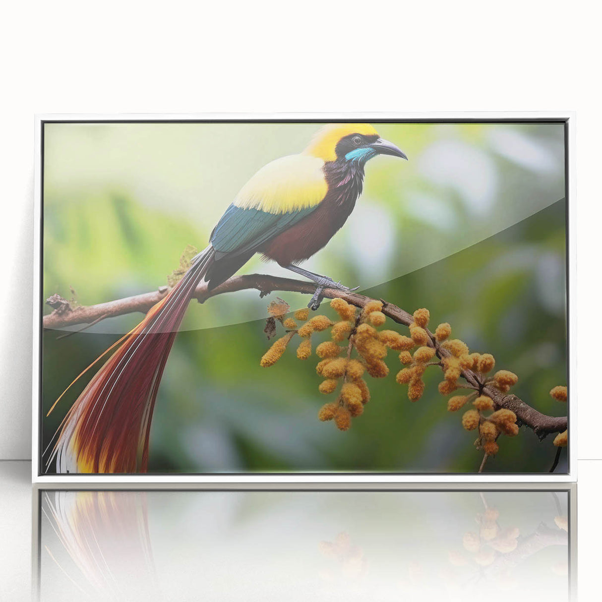 Framed acrylic wall art showcasing a vibrant tropical bird design, featuring lush greens and bright colors, perfect for enhancing modern home decor.