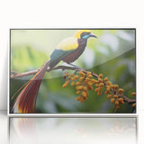 Framed acrylic wall art showcasing a vibrant tropical bird design, featuring lush greens and bright colors, perfect for enhancing modern home decor.