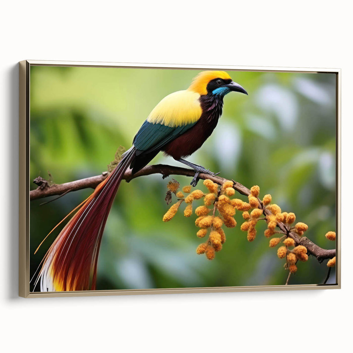 Framed canvas wall art featuring a vibrant tropical bird design with gold accents, highlighting lush foliage and vivid colors, perfect for home decor.