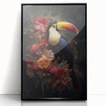 Framed wall art featuring vibrant tropical birds in a lively design, showcased in a sleek black frame, ideal for enhancing modern home decor and adding a splash of color.