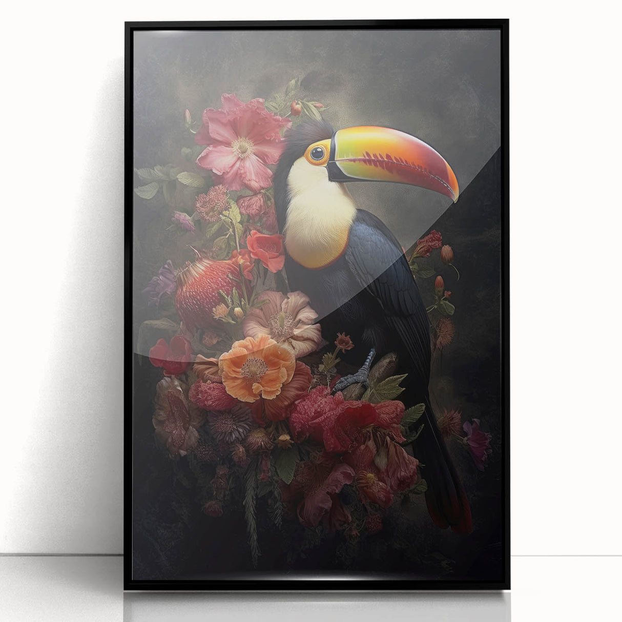 Framed wall art featuring vibrant tropical birds in a lively design, showcased in a sleek black frame, ideal for enhancing modern home decor and adding a splash of color.