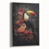 Framed canvas wall art showcasing a vibrant tropical bird design in vivid colors, featuring a sleek silver frame and elegant side view, perfect for home decor.