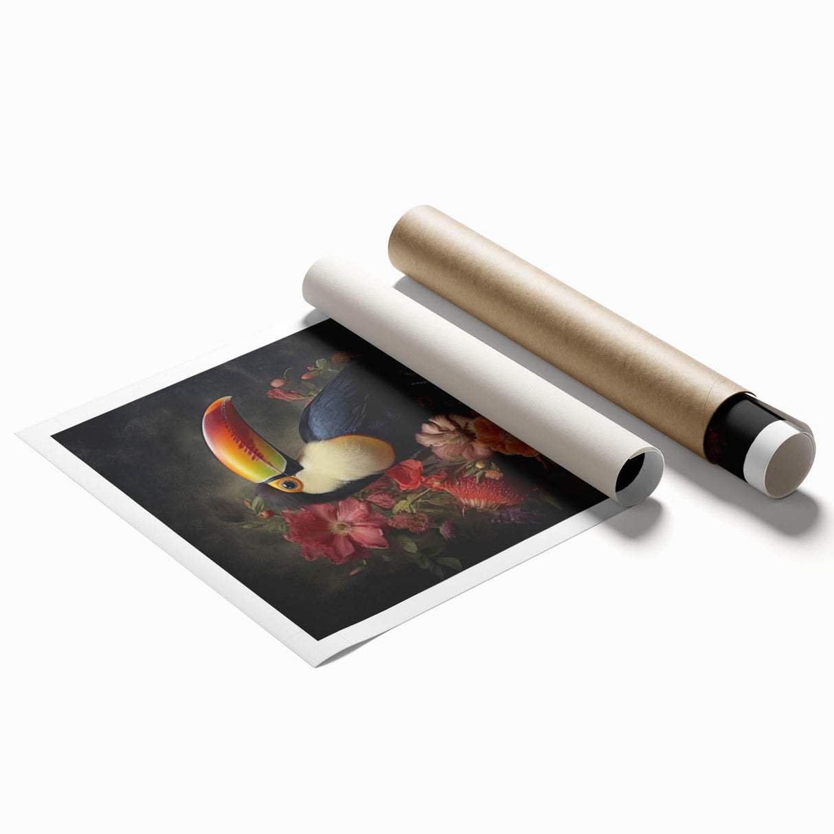 Vibrant tropical birds wall art design featuring colorful parrots and exotic foliage on a rolled print, perfect for adding a lively touch to home decor.