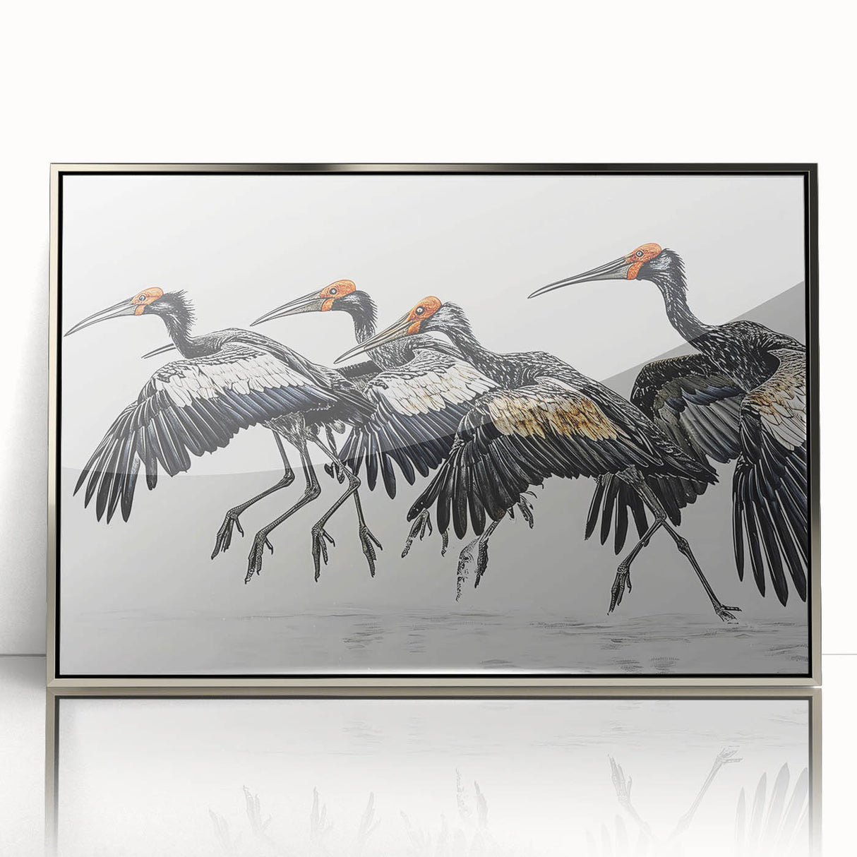 Framed wall art featuring a vibrant tropical birds design, showcasing colorful plumage and intricate details, set in a sleek silver frame, ideal for home decor.