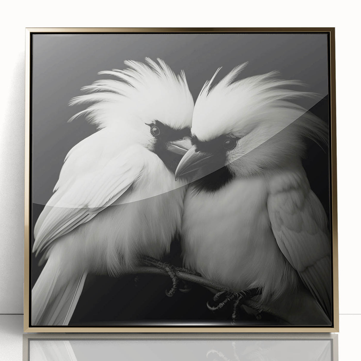 Framed acrylic wall art featuring vibrant tropical birds in a gold frame, showcasing a colorful design perfect for home decor, enhancing any living space.