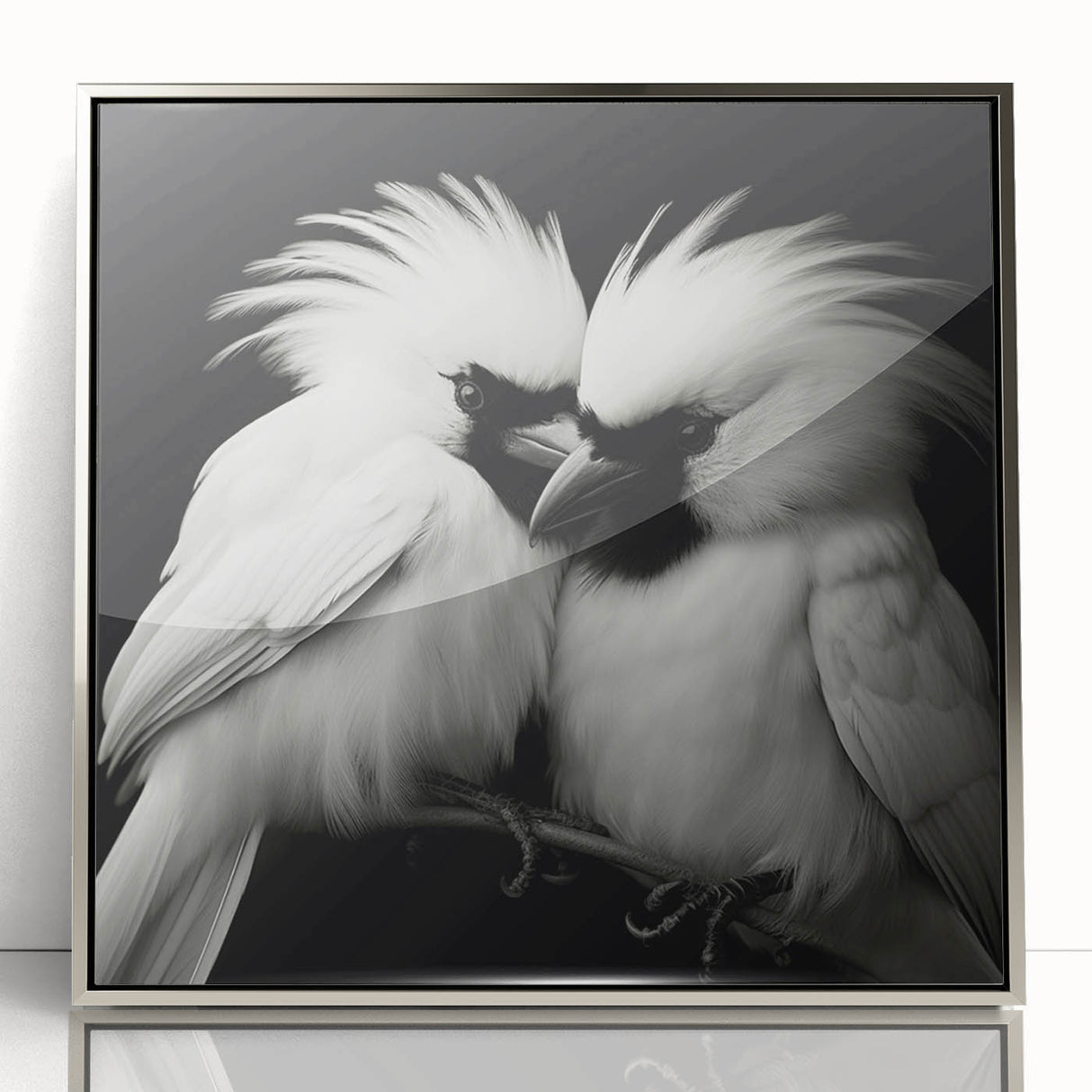 Framed wall art featuring a vibrant tropical bird design with silver accents, showcasing colorful parrots and exotic foliage, ideal for brightening living spaces.