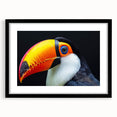 Tropical bird wall art framed in black with a mat, showcasing vibrant colors and intricate details; perfect for adding a lively touch to home decor.