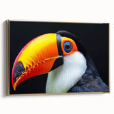 Framed wall art featuring a vibrant tropical bird design with a gold frame, set against a light background, perfect for adding a touch of nature to home decor.