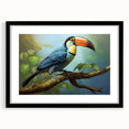 Tropical bird-themed wall art collection framed in black with a mat, showcasing vibrant colors and intricate designs, perfect for home decor.