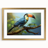 Tropical bird-themed wall art collection framed in gold, showcasing vibrant colors and intricate designs, perfect for enhancing any living space.