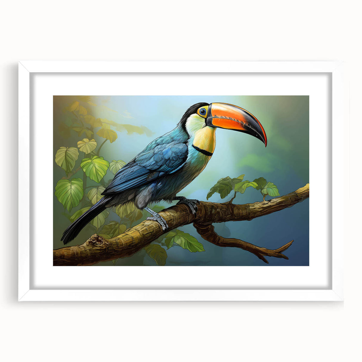 Tropical bird-themed wall art collection in a white frame, showcasing vibrant colors and intricate designs, perfect for adding a lively touch to any decor.