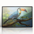Framed tropical birds wall art collection featuring vibrant colors and intricate designs, displayed in a sleek black frame, perfect for home decor.
