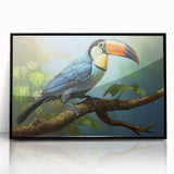 Framed tropical birds wall art collection featuring vibrant colors and intricate designs, displayed in a sleek black frame, perfect for home decor.