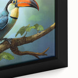 Vibrant close-up of a tropical birds canvas wall art collection, showcasing intricate designs and vivid colors, framed elegantly for stylish home decor.