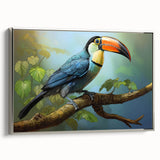 Framed canvas wall art featuring a vibrant tropical bird design with rich colors, set in a silver frame, perfect for enhancing modern decor.