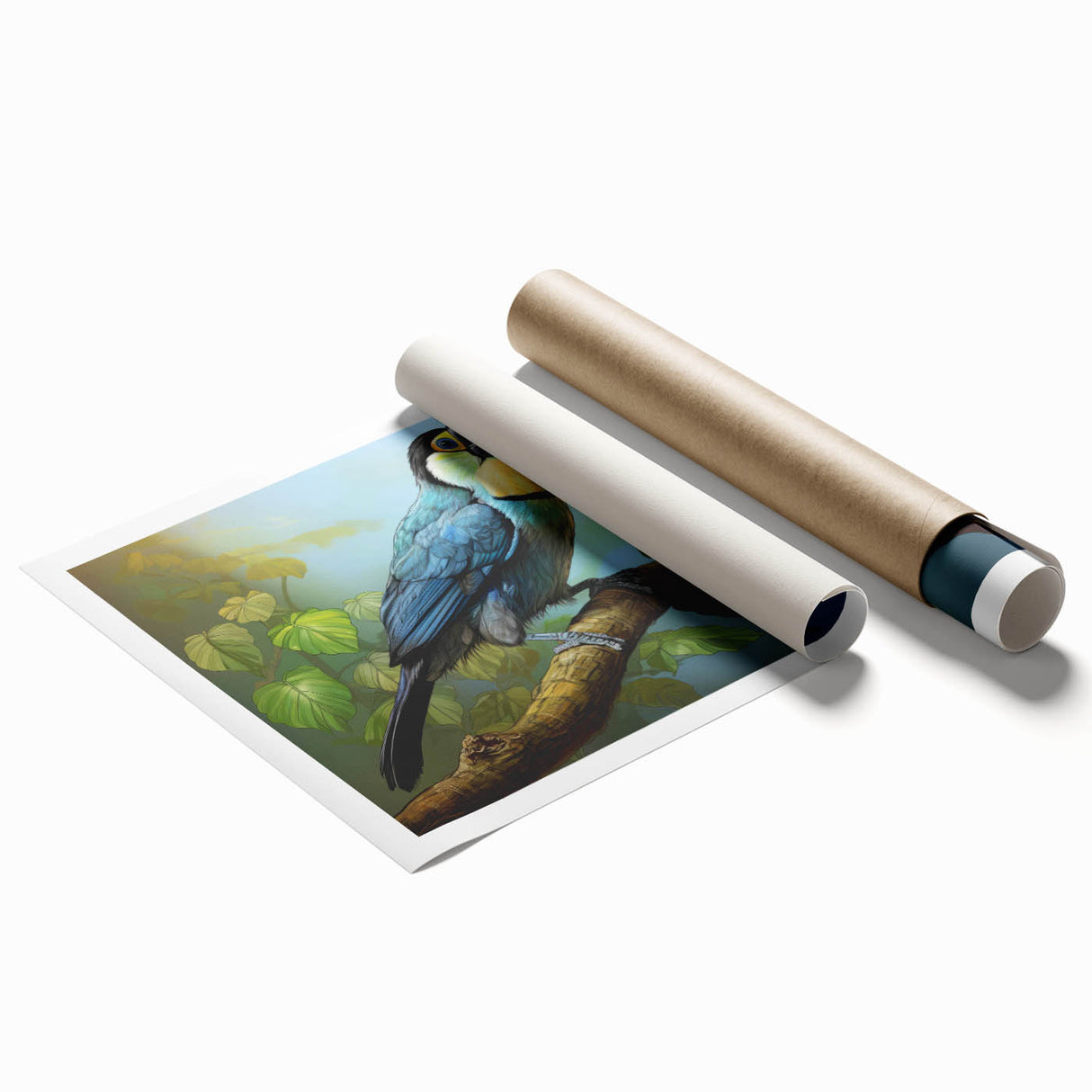 Tropical birds wall art print showcasing vibrant colors and intricate designs, rolled for easy display and shipped in a protective cardboard tube, perfect for home decor.