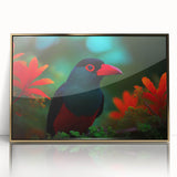Framed wall art showcasing a vibrant tropical bird design with gold accents, perfect for home decor. Ideal for adding a touch of nature and color to any space.