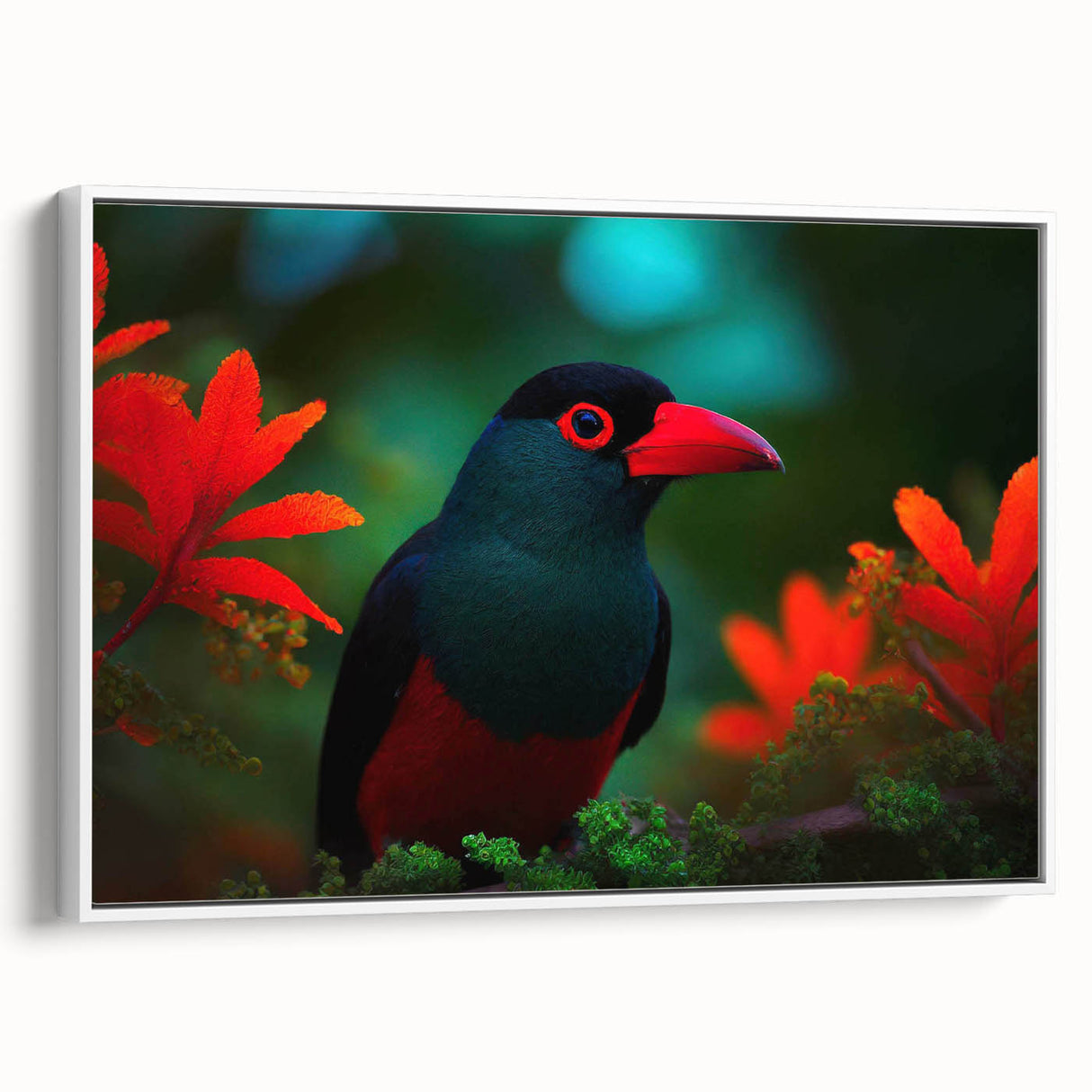 Framed canvas wall art featuring vibrant tropical birds in lush greenery, showcasing intricate details and bright colors, ideal for home decor enhancement.