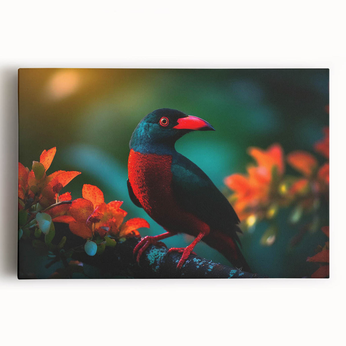 Vibrant tropical birds wall art design on stretched canvas, showcasing vivid colors and intricate details, perfect for enhancing home decor and bringing nature indoors.