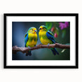 Tropical birds wall art collection featuring vibrant colors and intricate designs, framed with a black mat for an elegant presentation, perfect for home decor.