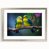Tropical bird wall art collection in a sleek silver frame with a mat, showcasing vibrant colors and intricate designs, perfect for adding a lively touch to any space.