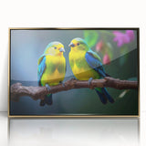 Framed wall art featuring a vibrant tropical bird design with gold accents, set in a sleek acrylic frame, ideal for enhancing modern home decor. Perfect for bird lovers.