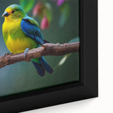 Close-up of a vibrant framed canvas depicting a tropical birds design, showcasing intricate details and bright colors, perfect for enhancing home decor.