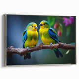 Framed canvas wall art showcasing a vibrant tropical bird design, featuring vivid colors and intricate details, displayed from a silver side view, ideal for home decor.