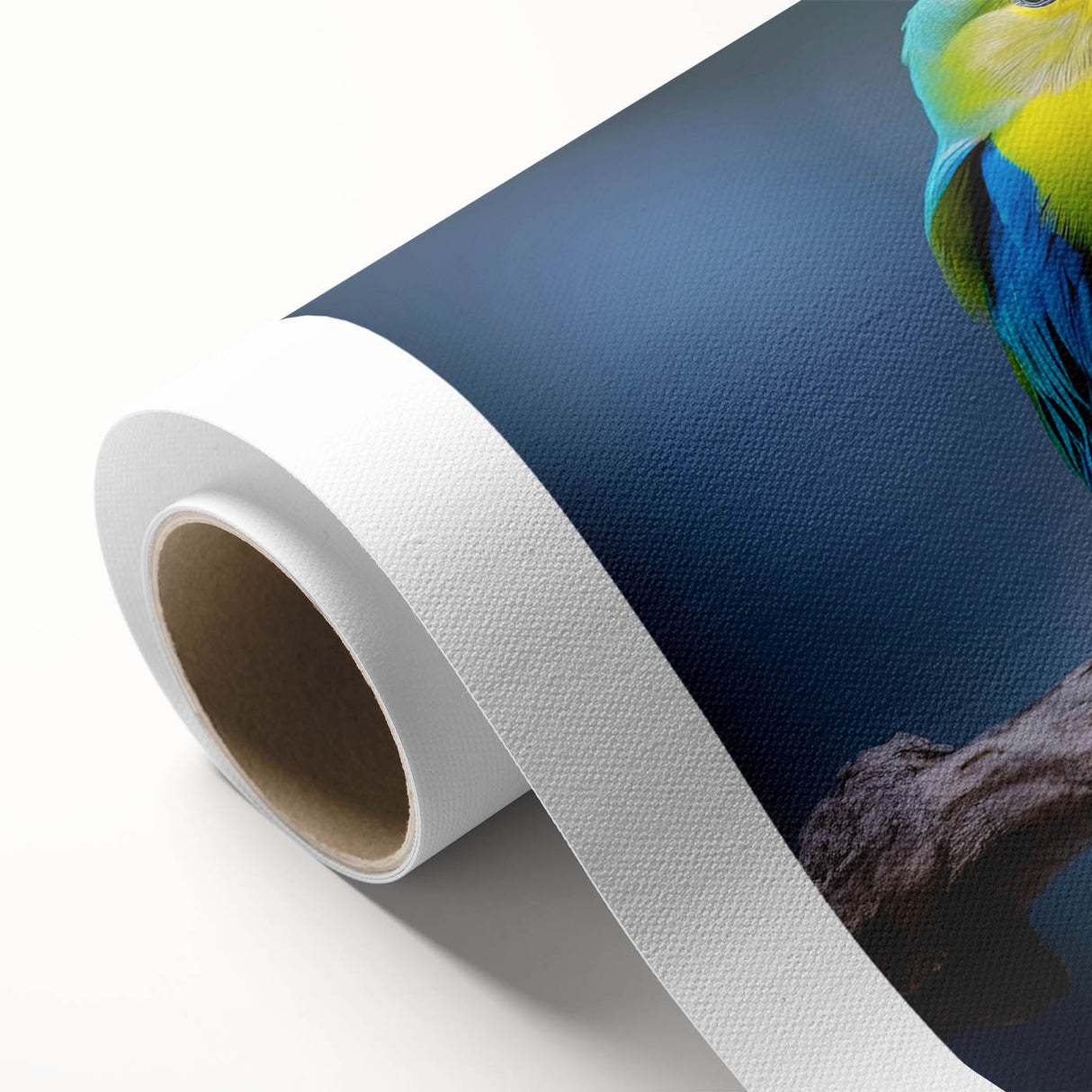 Vibrant tropical birds wall art design on rolled canvas, showcasing colorful feathers and intricate details, perfect for enhancing home decor with a touch of nature.