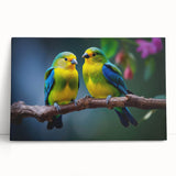 Tropical birds wall art collection displayed on a stretched canvas, showcasing vibrant colors and intricate designs, perfect for enhancing home decor.