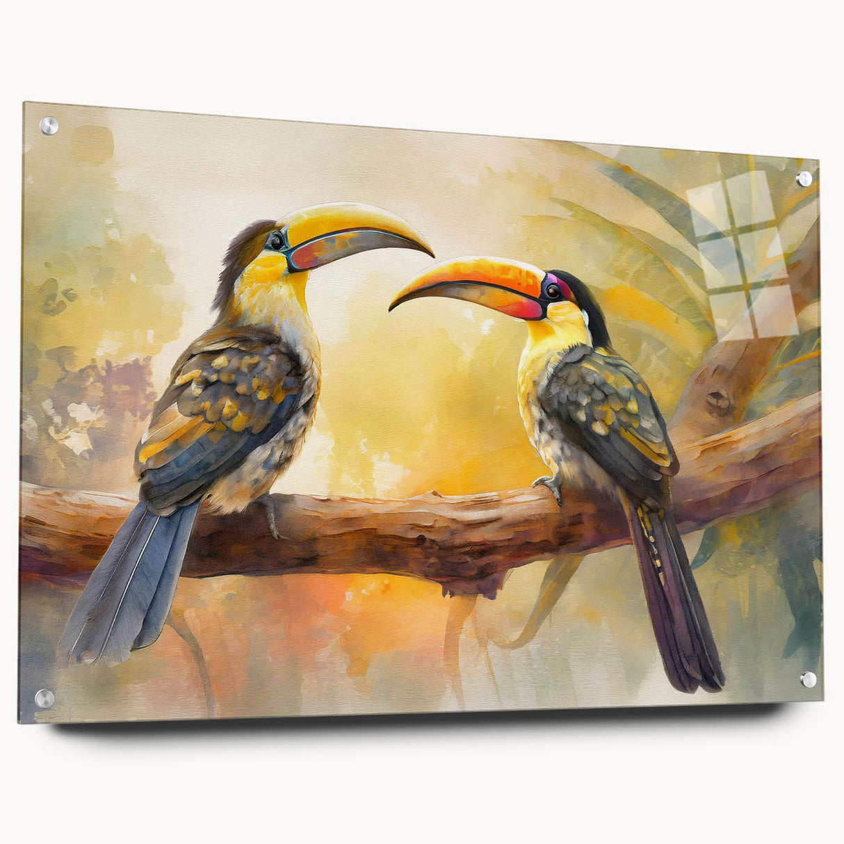 Tropical birds wall art design displayed on acrylic glass, showcasing vibrant colors and intricate details, ideal for home decor or art enthusiasts.