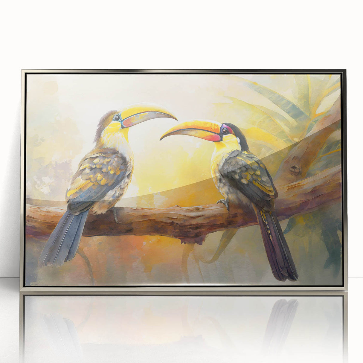 Framed wall art featuring vibrant tropical bird designs in a silver-acrylic frame, perfect for enhancing modern home decor with a touch of nature.