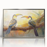 Framed wall art featuring vibrant tropical bird designs in a silver-acrylic frame, perfect for enhancing modern home decor with a touch of nature.