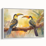 Framed wall art showcasing a vibrant tropical bird design, featuring colorful feathers and lush foliage, presented in a sleek white frame for modern decor.