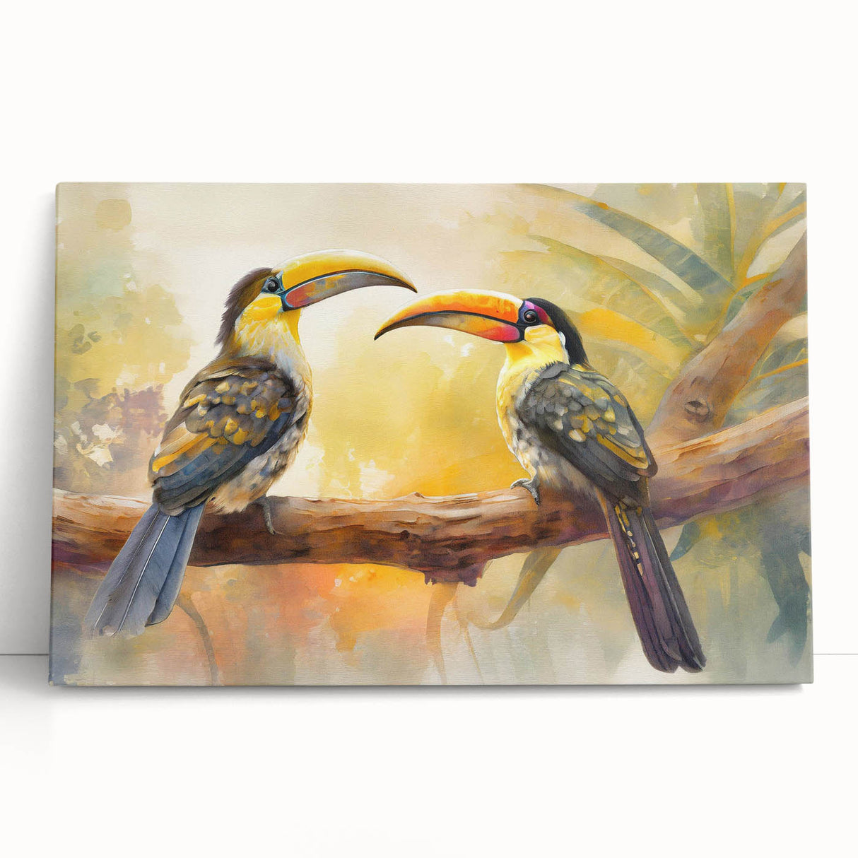 Vibrant tropical bird canvas wall art showcasing colorful macaws and exotic foliage, perfect for adding a lively touch to home decor. Stretched for easy hanging.