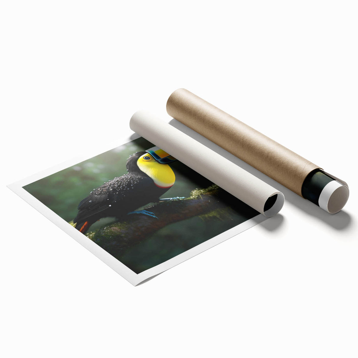 Tropical birds wall art collection print showcasing vibrant colors and intricate designs, rolled for easy shipping and display in various settings. Perfect for nature-themed decor.