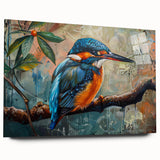 Tropical birds wall art design displayed in an acrylic glass frame, showcasing vibrant colors and intricate details, perfect for enhancing living spaces.