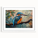 Tropical bird-themed wall art framed in white with a mat, showcasing vibrant colors and intricate details, perfect for enhancing home decor.
