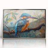 Framed wall art featuring a vibrant tropical bird design, with acrylic glass and silver frame, perfect for enhancing modern decor in living spaces.