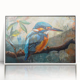 Framed tropical birds wall art showcasing vibrant colors and intricate details, displayed in a sleek white frame, perfect for enhancing modern home decor.