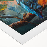 Vibrant tropical birds wall art design on rolled canvas, showcasing bright colors and intricate details, perfect for enhancing home decor. Ideal for nature lovers.