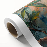 Vibrant rolled canvas artwork depicting a collection of tropical birds in lush greenery, showcasing bright colors and intricate details, perfect for home decor.