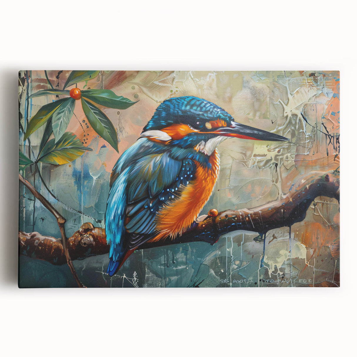 Stretched canvas wall art featuring a vibrant tropical bird design, showcasing colorful plumage and intricate details, perfect for enhancing home decor with a lively, exotic touch.