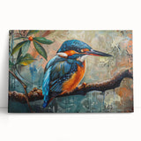 Tropical birds wall art design on stretched canvas, featuring vibrant colors and intricate details, perfect for home decor or nature-themed spaces, leaning against a wall.